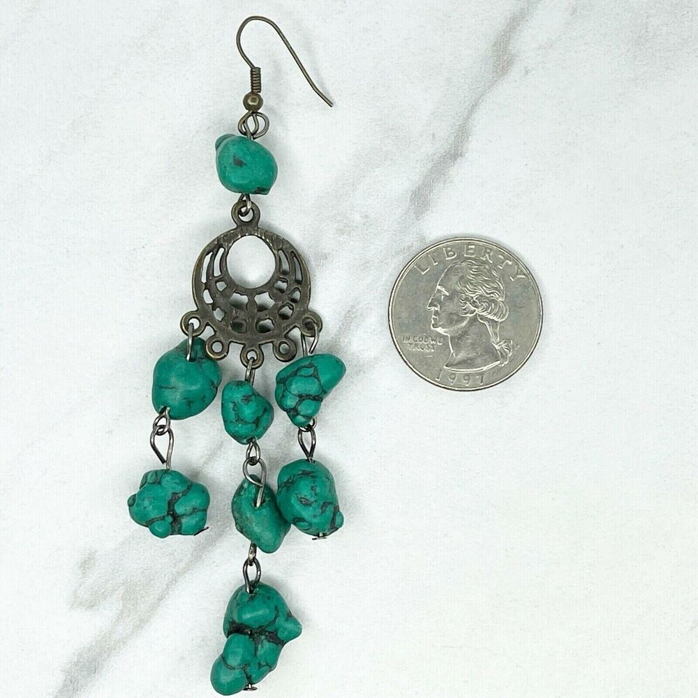Faux Turquoise Beaded Chandelier Chunky Earrings Pierced Pair - Picture 2 of 5
